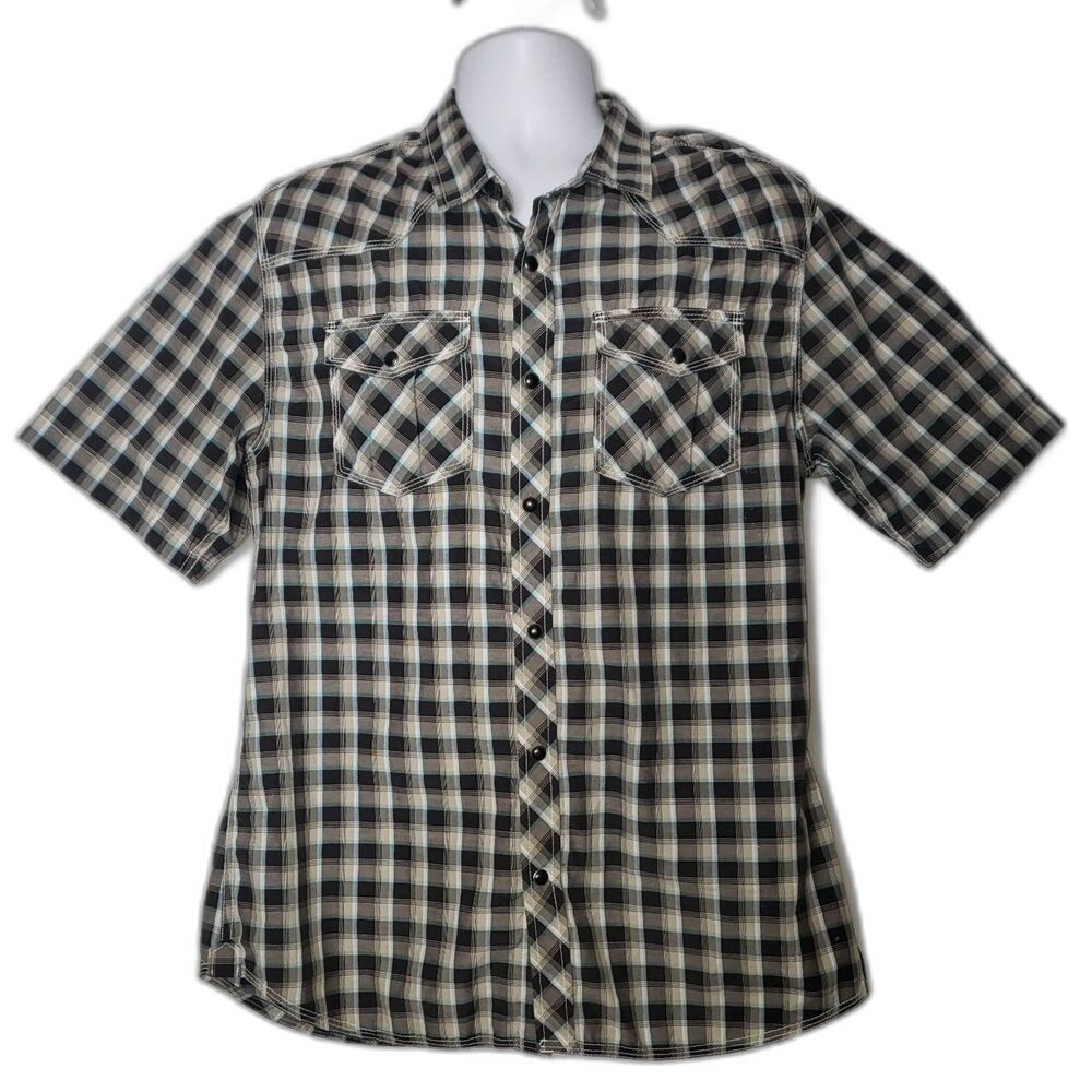 MARC ECKO Black and Gray Plaid Pearl Snap Button Down Shirt Mens Size Large